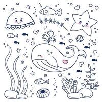 uppsättning av hav klotter med söt djur val, bläckfisk, hav stjärna, fisk. ritad för hand alger och växter, bubblor och stenar. vektor
