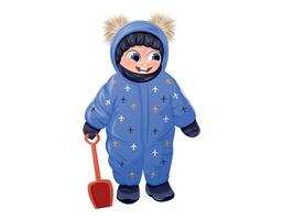 rolig stående bebis pojke i en vinter- snödräkt med en huva, med en leksak skyffel för grävning snö i hans händer. isolerat tecknad serie illustration av en glad barn i värma kläder. vektor