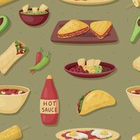 sömlös mönster med mexikansk mat, nachos, varm såser, tortillas. latin amerikan kryddad snabb mat. vektor