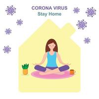 Coronavirus Ausbruch Konzept. ein Mädchen sitzt im ein Meditation Pose. covid-19 Virus im Luft. bleiben Zuhause mit selbst Quarantäne. vektor