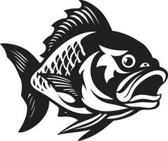 zahnig Drohung kompliziert Piranha Design im noir schwarz Wasser- Angriff entfesselt stilvoll schwarz Emblem mit Piranha Silhouette vektor