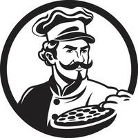 smak känsla invecklad logotyp i djärv svart gourmet skiva chic svart ikon med elegant pizzeria silhuett vektor