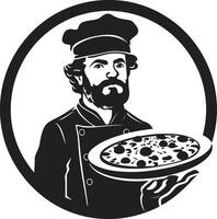 Peperoni Leidenschaft kompliziert Emblem mit noir Pizzaiolo berühren noir Pizza Kunst schick schwarz Symbol Illustration zum köstlich branding vektor