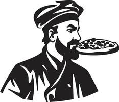 pepperoni passionen invecklad emblem med noir pizzaiolo Rör noir pizza hantverk chic svart ikon illustration för ljuvlig branding vektor