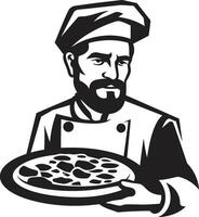 Pizza Freude Maestro elegant schwarz Emblem zum ein fesselnd Bild Peperoni Leidenschaft schick Logo Design mit stilvoll Pizza Koch Kunst vektor