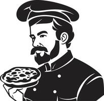 Pizza Freude Maestro glatt schwarz Logo zum ein fesselnd Pizzeria Peperoni Leidenschaft kompliziert Emblem mit noir Pizzaiolo berühren vektor