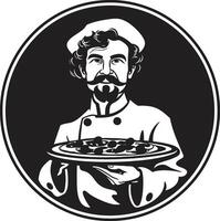 handwerklich Scheibe minimalistisch schwarz Symbol Design zum ein köstlich aussehen Gourmet Kuchen Symbol schick Illustration mit elegant Pizza Koch Hut vektor