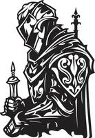 bedauernd Ritterfall schwarz Symbol Design zum traurig Ritter Soldat düster Wächter elegant schwarz traurig Ritter Soldat Emblem vektor