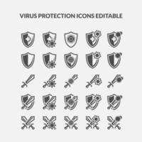 Satz von Virenschutz-Glyphensymbolen. Virus, Schild, Wache, Schwertsymbol. angreifen, gegen, schützen virus covid-19 corona virus vektor