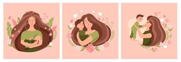 mödrar dag - uppsättning av söt illustrationer på rosa bakgrund. mor och bebis hälsning kort samling. vektor