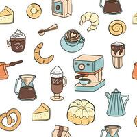 Bäckerei, Kaffee Geschäft, Cafe Weiß Hintergrund. nahtlos Farbe Muster im Gekritzel enthält Kaffee, frisch Gebäck. vektor