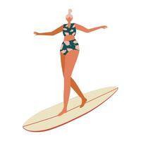 flicka surfare karaktär i en tropisk skriva ut baddräkt och med en surfbräda. sommar illustration för utskrift på en t skjorta, vykort, kudde, affisch, textil- och Mer. illustration i hand dragen stil. vektor