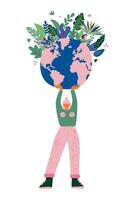 ung kvinna innehar planet jord med vård och kärlek. jord dag. illustration för affisch, kort, flygblad, baner. miljö bevarande och energi sparande begrepp. vektor