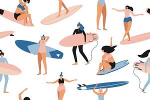 surfing sömlös mönster i . surfa flickor karaktär i baddräkt med en kort och longboard. sommar design för tyg, tapet, förpackning papper, bakgrunder och dekor. vektor