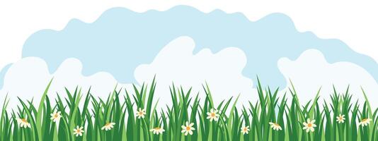Sommer- Hintergrund mit Gänseblümchen, Wolken und Gras. Sommer- Banner zum Werbung und Verkauf. vektor