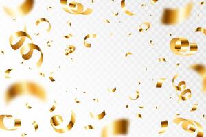 gyllene konfetti explosion. faller skinande guld serpentin, flygande band. glansig guld papper bitar flyga, sprida ut runt om. 3d realistisk isolerat textur vektor