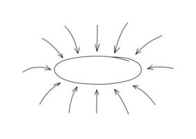 dünn Linie Oval Markieren mit Pfeile zeigen zu Center. schwarz Linie Illustration isoliert auf Weiß Hintergrund. vektor