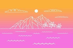 tropisk solnedgång med klippig ö. marinmålning i minimalistisk stil. vektor