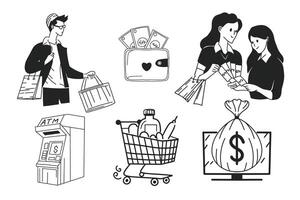 einstellen von Einkaufen Konzept , Menschen Kauf Dinge, Geldbörse, Korb, Geldautomat vektor
