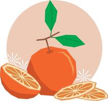 illustration, abstrakt orange frukt med blad på mjuk orange cirkel bakgrund. vektor
