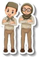 Paar muslimische Kinder tragen Safari-Outfit-Cartoon-Charakter-Aufkleber vektor