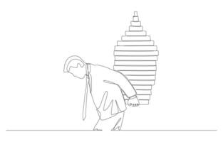 kontinuerlig ett linje teckning av affärsman bärande smal bas befolkning pyramid på hans tillbaka, problem av åldring samhälle begrepp, enda linje konst. vektor
