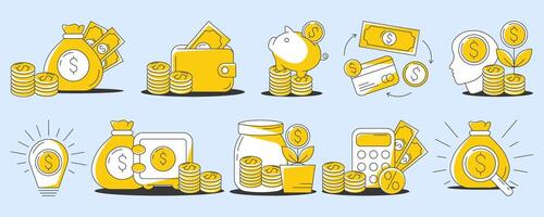 pengar och finansiera, gul ikon uppsättning. företag samling med kontanter, stack av mynt, säker, utbyta, ljus Glödlampa, sparande, transaktion, nasse Bank symboler. kreativ platt stil vektor