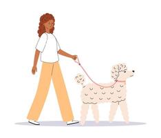 jung Frau Gehen mit süß Hund. glücklich Haustier Inhaber mit Pudel. Hund Trainer oder Hund Gehhilfe. Seite Sicht. eben Illustration isoliert auf Weiß Hintergrund vektor