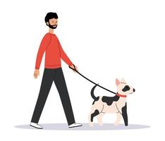 ung man gående med söt hund. Lycklig sällskapsdjur ägare med tjur terrier. hund tränare. sida se. platt illustration isolerat på vit bakgrund vektor