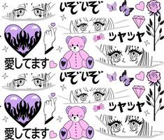y2k rosa flickaktigt mönster. anime tjejer, Bagge huvud, hjärta manga retro y2k söt stil. översättning. blandad japansk onomatopoeia, dvs kärlek du. vektor