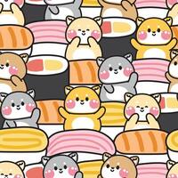 wiederholen.nahtlos Muster von süß Shiba inu Hund Gruß mit groß Sushi Hintergrund.japanisch Haustier Tier Charakter Karikatur design.essen.bild zum Karte, Poster, Baby Kleidung.kawaii.Illustration. vektor