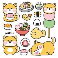 uppsättning av söt shiba inu hund olika poser i japansk mat och efterrätt concept.pet djur- karaktär tecknad serie design.sushi,ramen,tonkatsu,dango,taiyaki drawn.kid graphic.kawaii.illustration. vektor