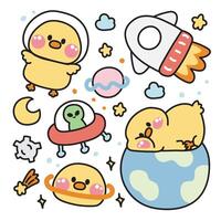 einstellen von süß Hähnchen verschiedene posiert im Raum Konzept.Farm Tier Charakter Karikatur design.planet,galaxie,mond,stern,rakete,erde,außerirdischer gezeichnet Sammlung.kawaii.illustration vektor