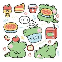 uppsättning av söt krokodil olika poser i äpple paj koncept.reptil djur- karaktär tecknad serie design.frukt, cupcake, äpple, mjölk, is grädde, sylt hand drawn.kid graphic.kawaii.illustration. vektor