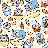 nahtlos Muster von süß Pinguin verschiedene posiert Aufkleber im Orange Konzept.Vogel Tiere Charakter Karikatur Design.Obst,Kuchen,Blase Milch Tee, Saft Hand gezeichnet.Baby Kleidung.kawaii.Illustration. vektor