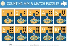 under de hav blanda och match pussel med söt u-båt. hav liv matchande matematik aktivitet för barn. pedagogisk tryckbar räkning match upp spel för barn med rolig under vattnet fartyg vektor