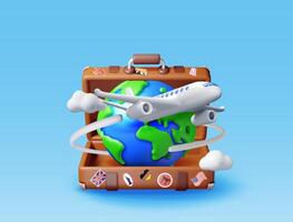 3d Jahrgang Reise Tasche, Globus und Flugzeug. machen klassisch Leder Koffer und Planet Erde. Reise Element. Urlaub oder Urlaub. Transport, Ausflug Konzept vektor