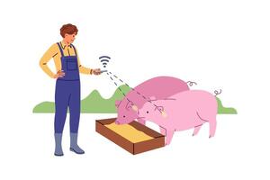 jordbrukare kontroller smart boskap bruka via telefon, stående nära grisar med wiFi pommes frites i öron vektor