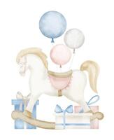 schaukeln Pferd Aquarell Illustration im Pastell- Rosa und Blau Farben. Hand gezeichnet Spielzeug mit Luftballons und Geschenk Kisten zum Gruß Karten oder Geburtstag Einladungen. kindisch Zeichnung zum Kinder Feier vektor