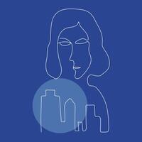 Frau und Stadt Silhouette. abstrakt Linie Kunst Zeichnung. Weiß auf Blau Hintergrund linear Symbol. Grafik drucken. Illustration. vektor