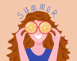 Mädchen im Sonnenbrille. Hand Beschriftung Sommer. Früchte, Orange Scheiben. hell Kleidung, lange Haar. das Frau ist glücklich und heiter. Illustration. isoliert Hintergrund. vektor