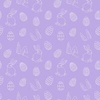 sömlös mönster av ritad för hand kaniner, öron, påsk ägg. festlig påsk kaniner design. kontinuerlig linje konst. isolerat på lila bakgrund. påsk dekoration, omslag papper, hälsning, textil, skriva ut vektor