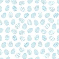 sömlös mönster av blå påsk ägg med ritad för hand detaljer. kontinuerlig ett linje teckning. isolerat på vit bakgrund. festlig design. för påsk dekoration, omslag papper, hälsning, textil, skriva ut vektor