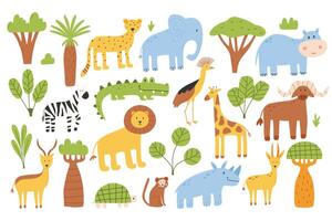 einstellen von Safari Tiere. Urwald Tiere Sammlung. afrikanisch Tiere. Illustration. eben Stil. vektor