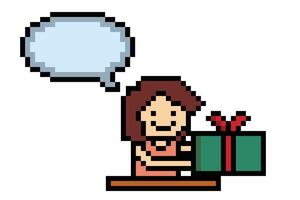 süß Pixel Karikatur 8 Bit Charakter Frau halt Geschenk Box mit chatten Dekoration 8 bisschen weiblich Mädchen geben Geschenk Box Einkaufen Geburtstag Weihnachten Spiel. vektor