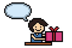 süß Pixel Karikatur 8 Bit Charakter Mann halt Geschenk Box mit Plaudern leer Dekoration 8 bisschen männlich Junge geben Geschenk Box Einkaufen Geburtstag Weihnachten Tag Spiel. vektor