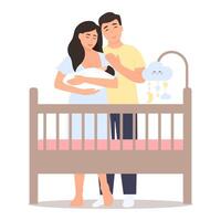 Lycklig föräldrar stå med nyfödd bebis nära de spjälsäng. vektor