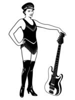 Aufstecken Mädchen posieren mit elektrisch Gitarre. Felsen Gitarrist Frau. schwarz und Weiß Clip Art isoliert auf Weiß. vektor