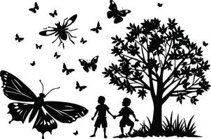 silhuett av barn och fjärilar i de parkera vektor
