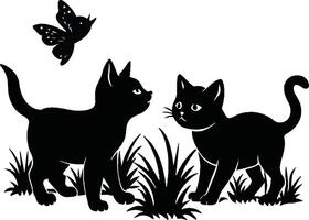 två svart katter spelar med fjärilar i de gräs vektor